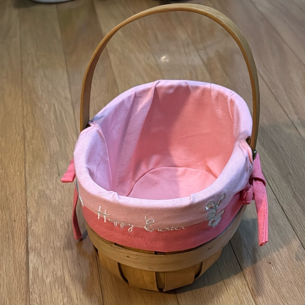 Chip wood basket with handle and pink removable Happy Easter cloth liner